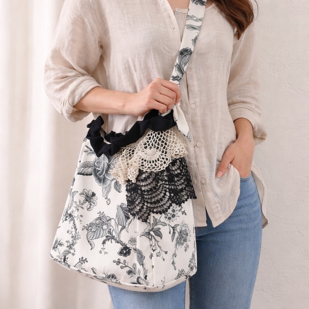 Handcrafted adjustable fully lined floral black & ecru vintage lace, bag purse‌‌